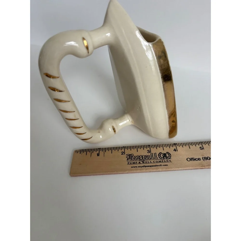 Vintage Ceramic Cherry Flat Iron Vase Planter Gold Trim Cream Retro Decor
